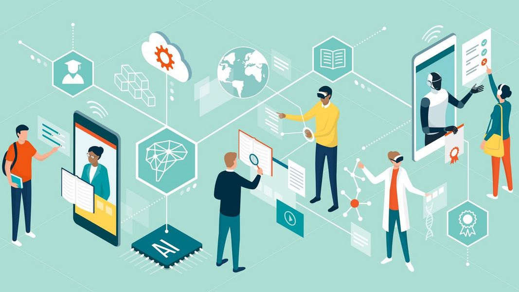 Es sind Menschen abgebildet, die innovative Technologien für die Bildung nutzen, Online-Kurse besuchen, mit virtueller Realität und künstlicher Intelligenz interagieren